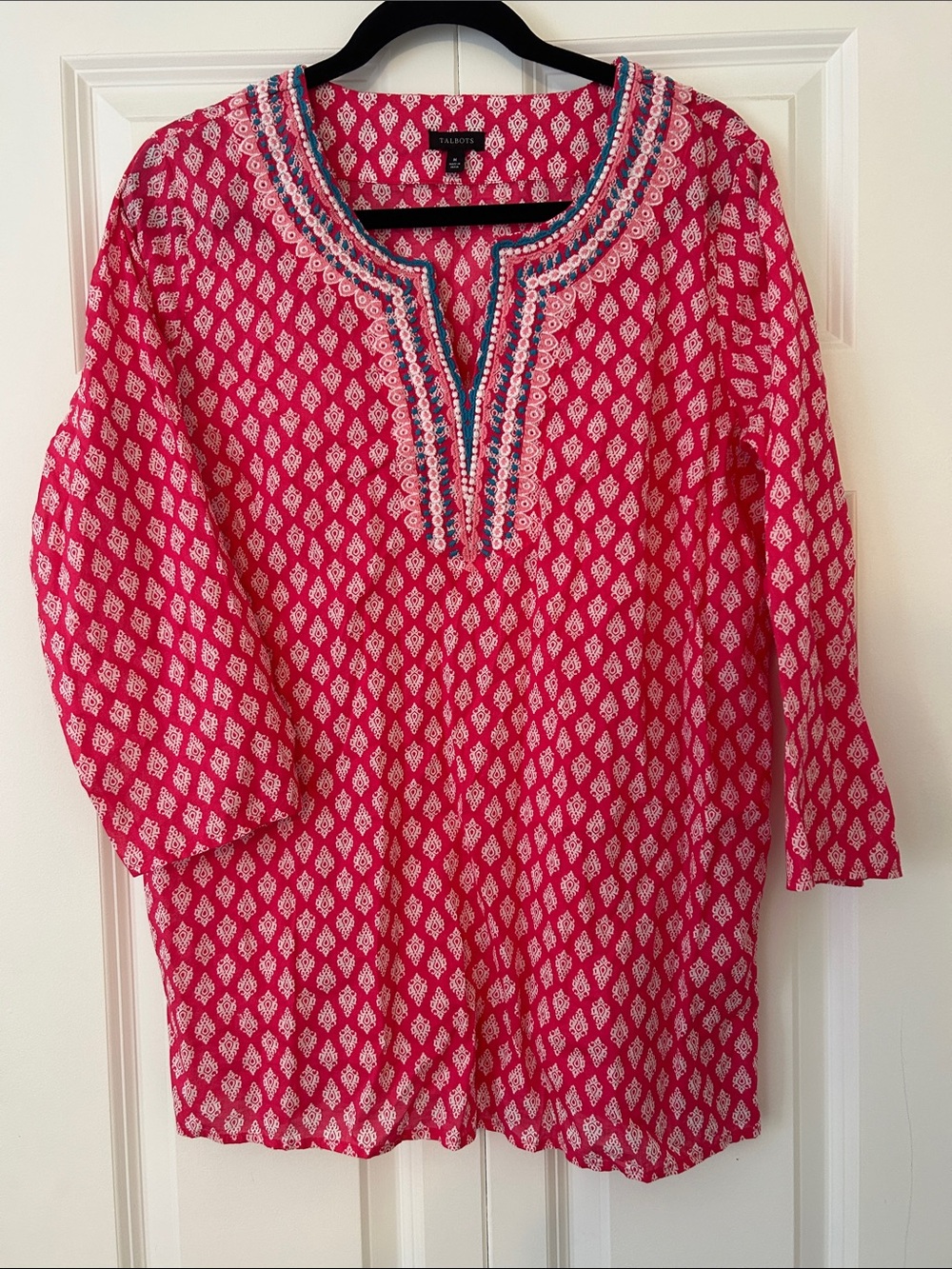 Talbots Hot Pink Printed Split-Neck Tunic with Embroidery Trim